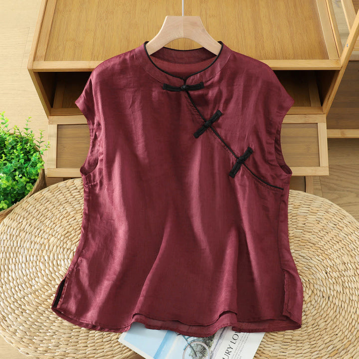 Buddha Stones Camiseta sin mangas estilo Tang informal con botones de rana para mujer. - image 8