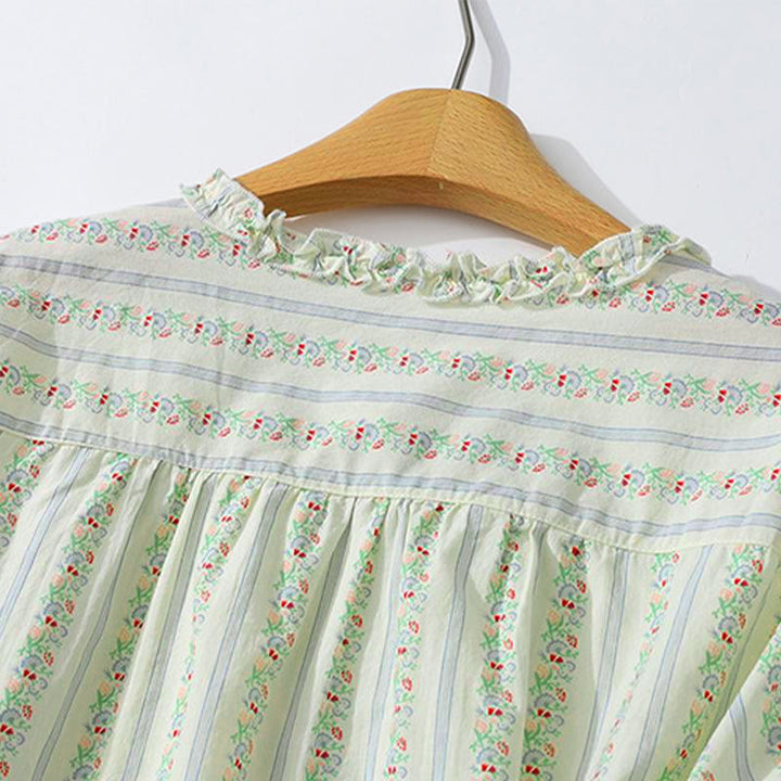 Buddha Stones Camisa de manga corta para mujer, estilo casual de verano, elegante, con botones, estampado floral y rayas, cuello redondo. - image 22