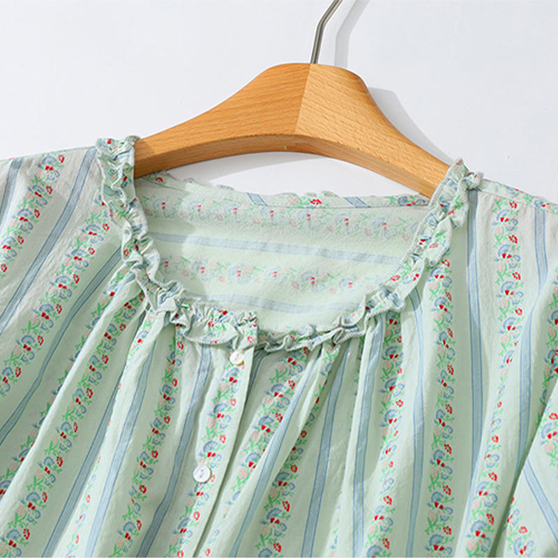 Buddha Stones Camisa de manga corta para mujer, estilo casual de verano, elegante, con botones, estampado floral y rayas, cuello redondo. - image 12