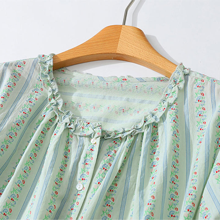 Buddha Stones Camisa de manga corta para mujer, estilo casual de verano, elegante, con botones, estampado floral y rayas, cuello redondo. - image 12