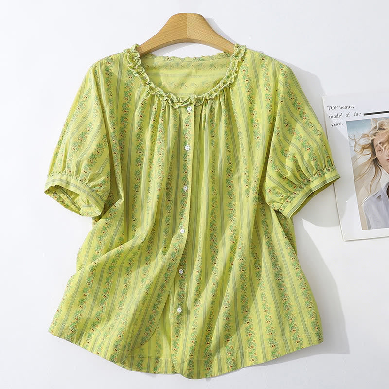 Buddha Stones Camisa de manga corta para mujer, estilo casual de verano, elegante, con botones, estampado floral y rayas, cuello redondo. - Verde amarillento - US12, UK/AU16, EU44 (2XL) - image 0