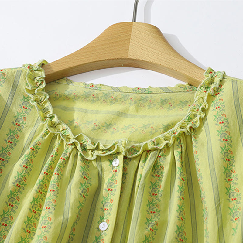 Buddha Stones Camisa de manga corta para mujer, estilo casual de verano, elegante, con botones, estampado floral y rayas, cuello redondo. - image 2