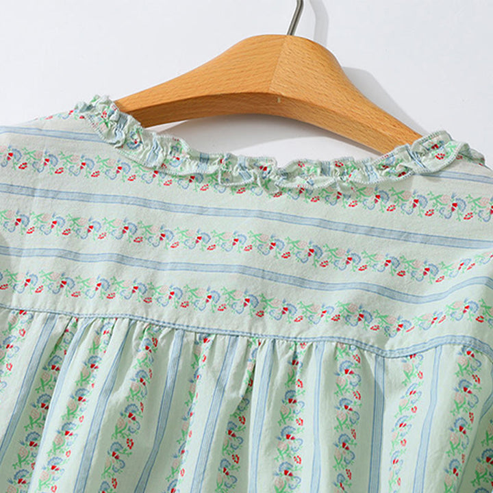 Buddha Stones Camisa de manga corta para mujer, estilo casual de verano, elegante, con botones, estampado floral y rayas, cuello redondo. - image 13
