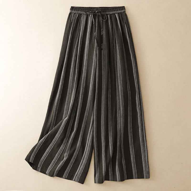 Buddha Stones Pantalones largos de verano informales minimalistas con cordón ajustable y rayas, pantalones de pierna ancha para mujer con bolsillo. - Marrón silla de montar - US8-10, UK/AU12-14, EU40-42 (2XL) - image 0