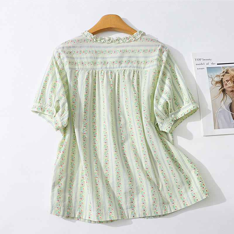 Buddha Stones Camisa de manga corta para mujer, estilo casual de verano, elegante, con botones, estampado floral y rayas, cuello redondo. - image 20