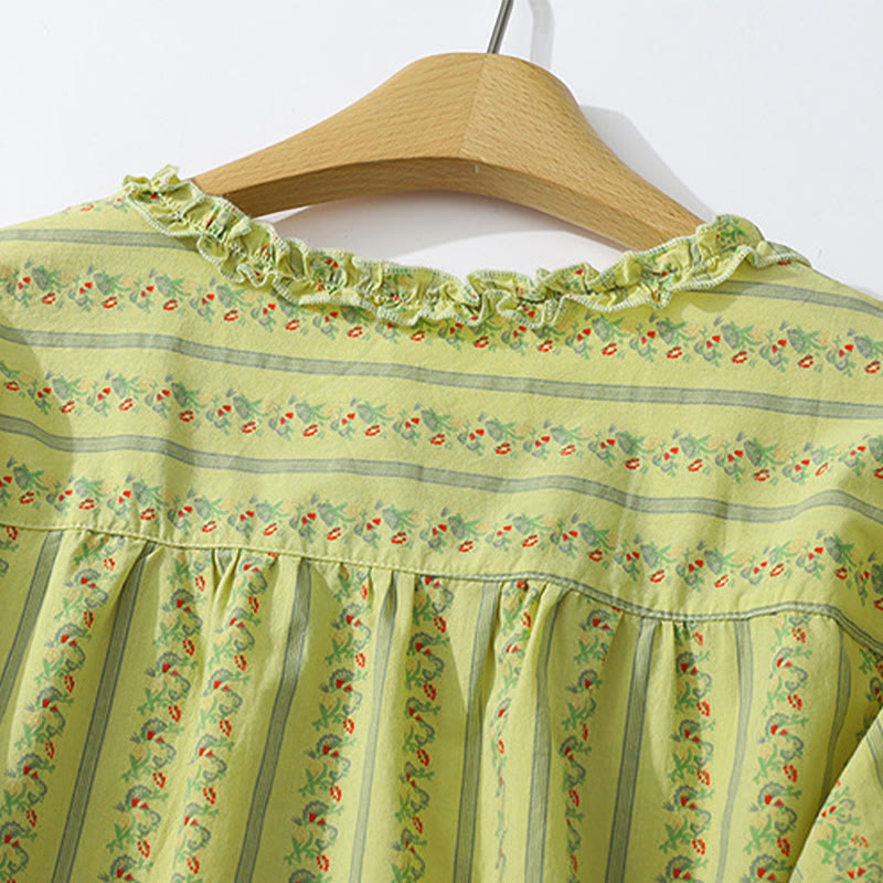 Buddha Stones Camisa de manga corta para mujer, estilo casual de verano, elegante, con botones, estampado floral y rayas, cuello redondo. - image 3