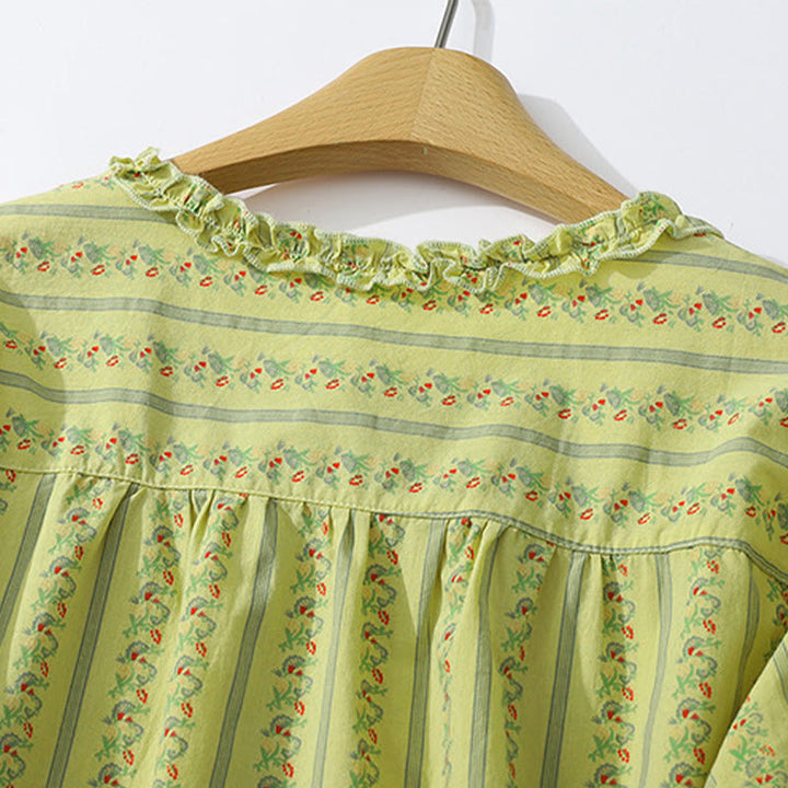 Buddha Stones Camisa de manga corta para mujer, estilo casual de verano, elegante, con botones, estampado floral y rayas, cuello redondo. - image 3