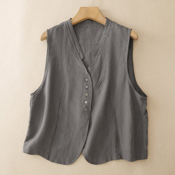 Buddha Stones Camiseta sin mangas lisa de cuello en V con botones, estilo casual de verano para mujer. - Gris oscuro - US12, UK/AU16, EU44 (2XL) - image 11