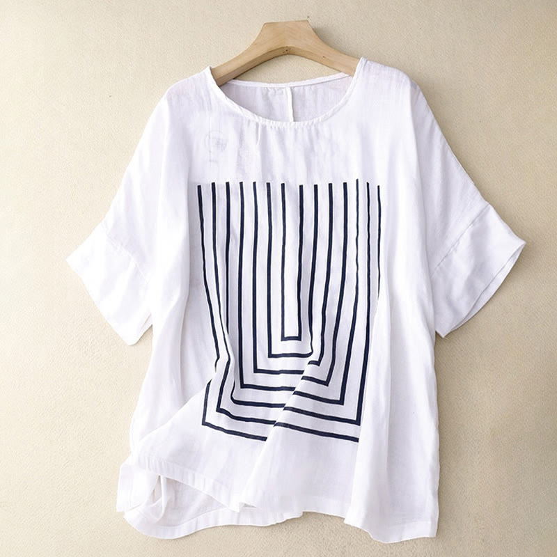 Buddha Stones Camiseta de lino y algodón de manga corta con estampado de líneas informales para mujer - Blanco - US12, UK/AU16, EU44 (2XL) - image 11