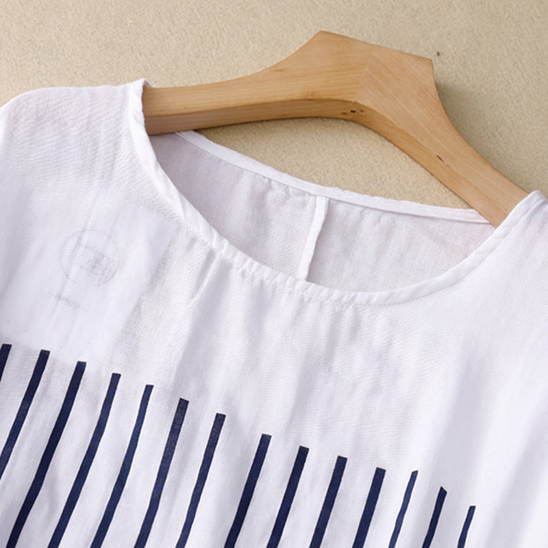 Buddha Stones Camiseta de lino y algodón de manga corta con estampado de líneas informales para mujer - image 12