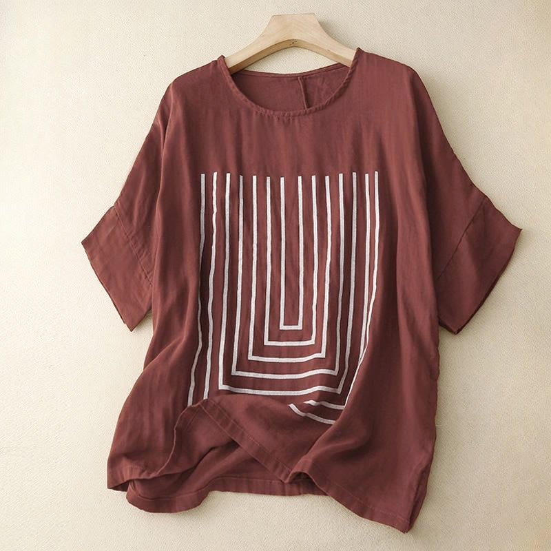 Buddha Stones Camiseta de lino y algodón de manga corta con estampado de líneas informales para mujer - Granate - US12, UK/AU16, EU44 (2XL) - image 7