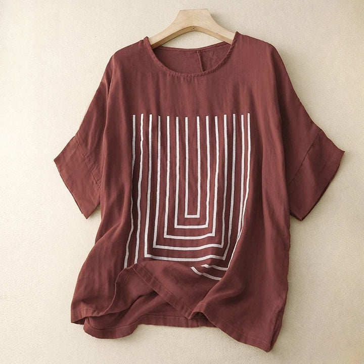 Buddha Stones Camiseta de lino y algodón de manga corta con estampado de líneas informales para mujer - Granate - US12, UK/AU16, EU44 (2XL) - image 7