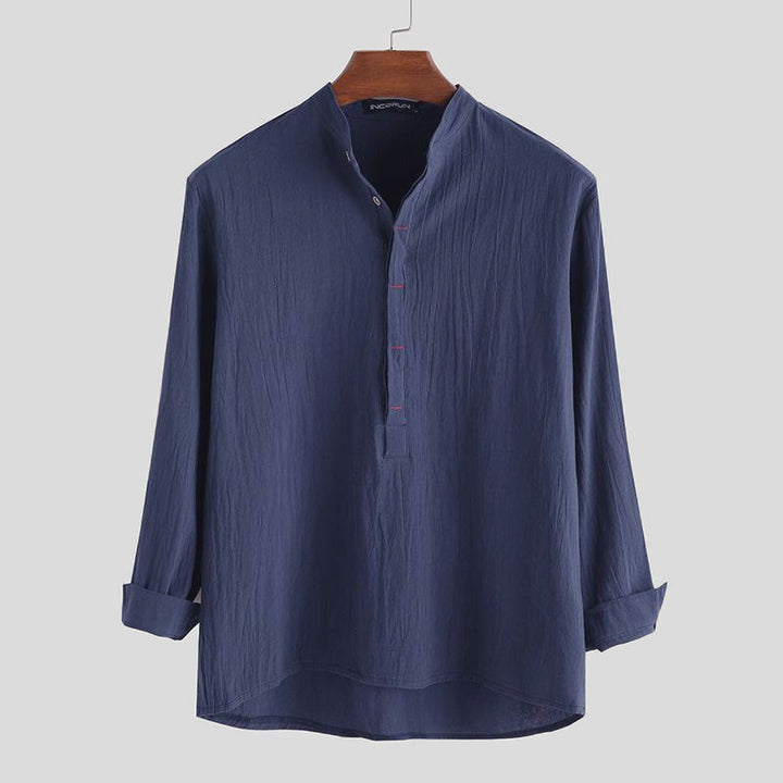 Camisa de manga larga de algodón para hombre con Buddha Stones, color liso y hasta medio botón. - Azul acero - US/UK/AU42, EU52 (3XL) - image 4