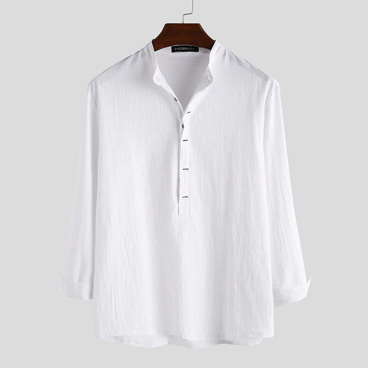 Camisa de manga larga de algodón para hombre con Buddha Stones, color liso y hasta medio botón. - Blanco - US/UK/AU42, EU52 (3XL) - image 0