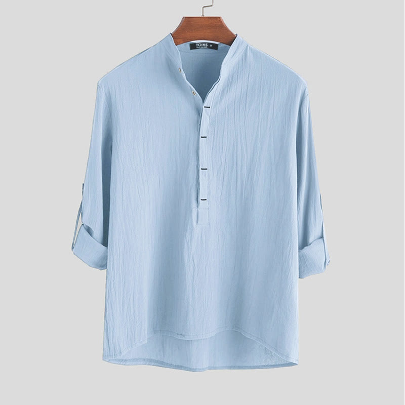 Camisa de manga larga de algodón para hombre con Buddha Stones, color liso y hasta medio botón. - Azul cielo claro - US/UK/AU42, EU52 (3XL) - image 3