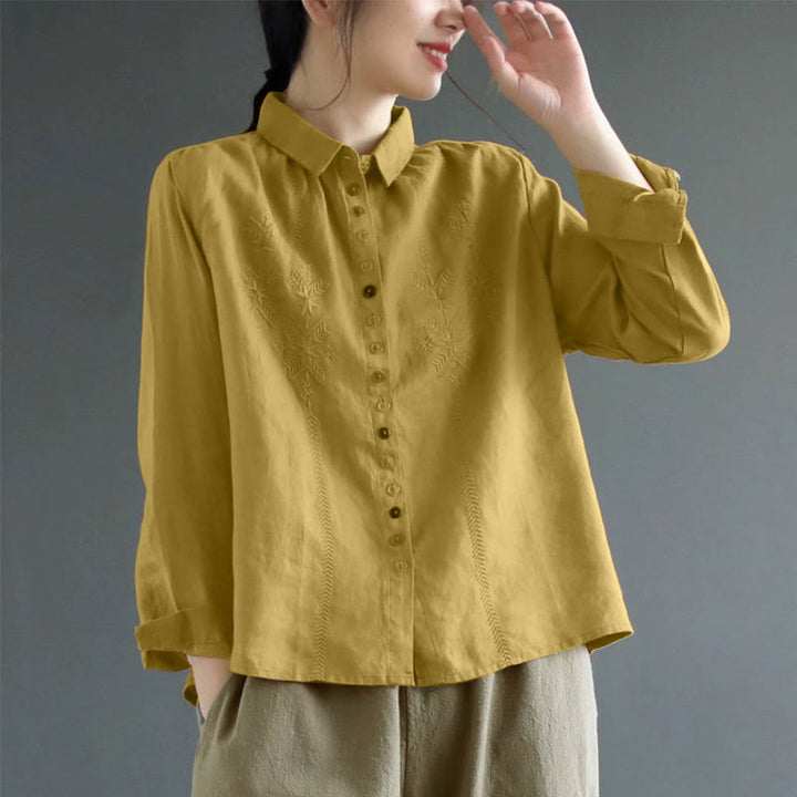 Camisa de mujer de manga larga con botones coloridos y bordado de Buddha Stones para primavera. - Vara de oro oscura - US8-10，UK/AU12-14，EU40-42 (2XL) - image 0