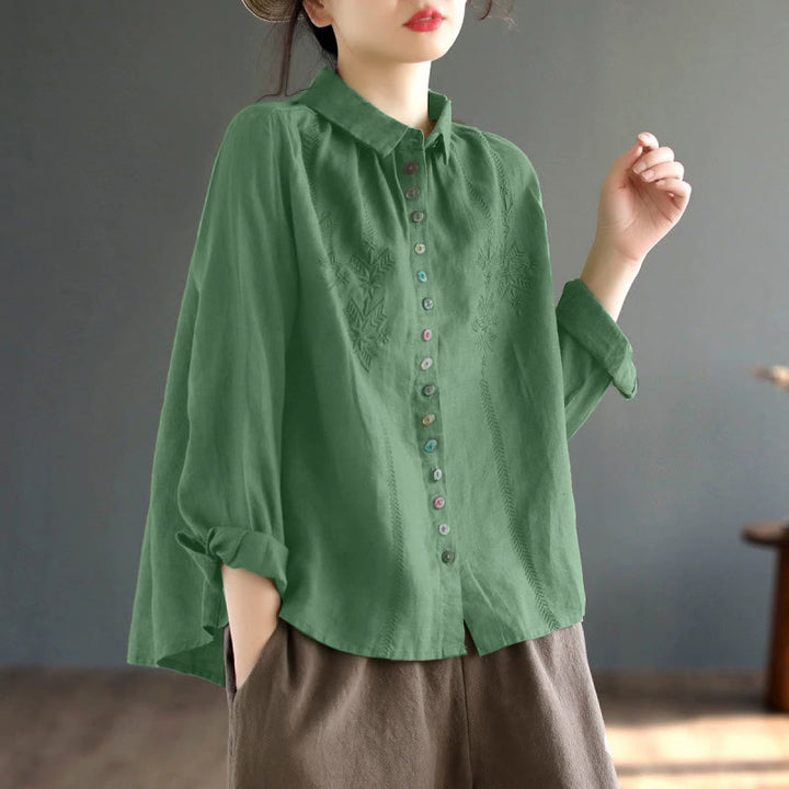 Camisa de mujer de manga larga con botones coloridos y bordado de Buddha Stones para primavera. - Verde mar medio - US12, UK/AU16, EU44 (2XL) - image 9