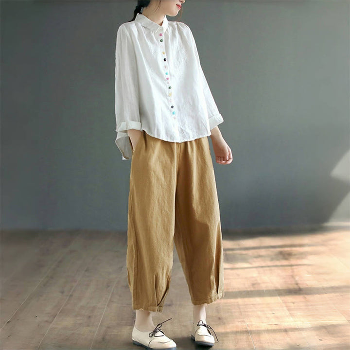 Camisa de mujer de manga larga con botones coloridos y bordado de Buddha Stones para primavera. - image 8