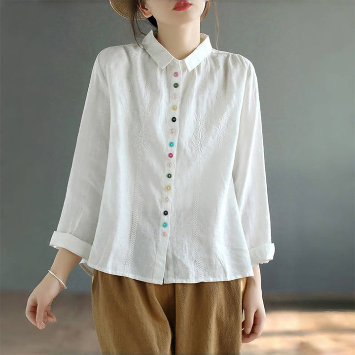 Camisa de mujer de manga larga con botones coloridos y bordado de Buddha Stones para primavera. - image 7
