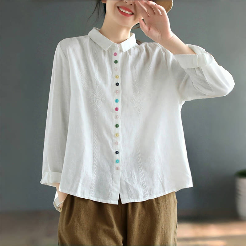 Camisa de mujer de manga larga con botones coloridos y bordado de Buddha Stones para primavera. - image 6