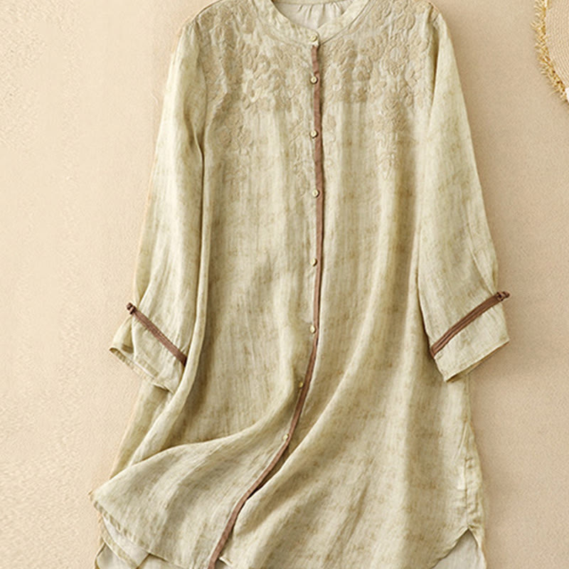 Vestido midi casual de verano con cuello alto y mangas tres cuartos, diseño de Buddha Stones y bordados. - image 9