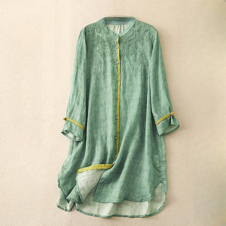 Vestido midi casual de verano con cuello alto y mangas tres cuartos, diseño de Buddha Stones y bordados. - Verde mar medio - US8-10，UK/AU12-14，EU40-42 (2XL) - image 0