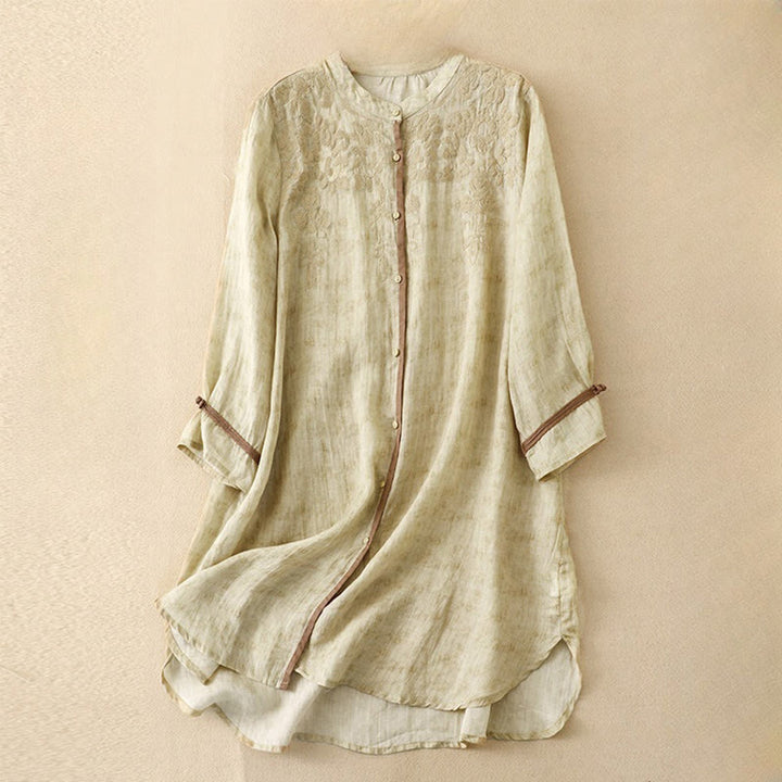 Vestido midi casual de verano con cuello alto y mangas tres cuartos, diseño de Buddha Stones y bordados. - Chifón de limón - US8-10，UK/AU12-14，EU40-42 (2XL) - image 7