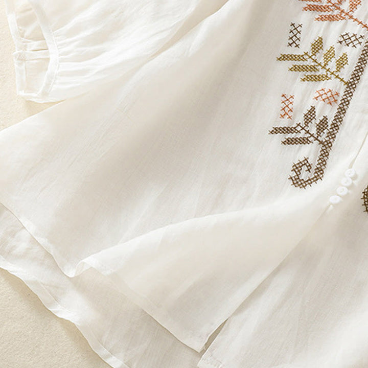 Camisa de manga tres cuartos para mujer con estampado de hojas y bordado artístico informal de Buddha Stones. - image 19