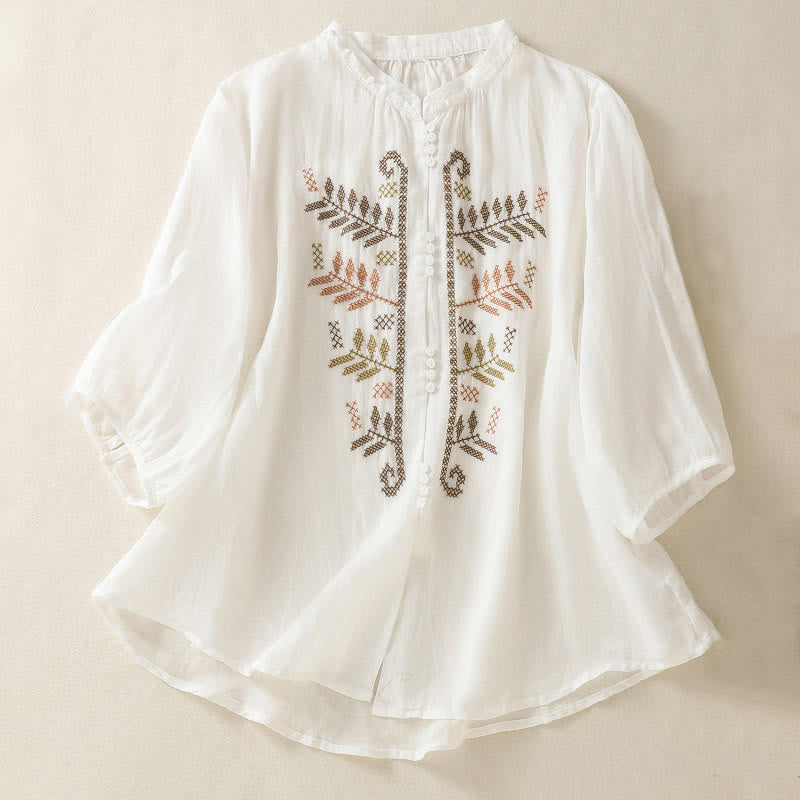 Camisa de manga tres cuartos para mujer con estampado de hojas y bordado artístico informal de Buddha Stones. - Blanco - US8-10，UK/AU12-14，EU40-42 (2XL) - image 14