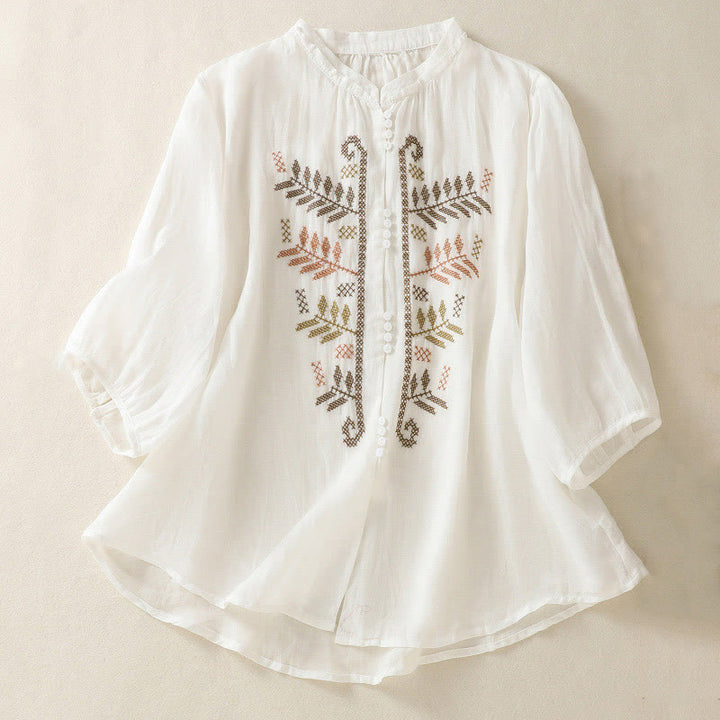 Camisa de manga tres cuartos para mujer con estampado de hojas y bordado artístico informal de Buddha Stones. - Blanco - US8-10，UK/AU12-14，EU40-42 (2XL) - image 14