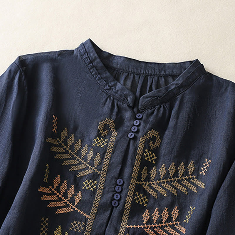 Camisa de manga tres cuartos para mujer con estampado de hojas y bordado artístico informal de Buddha Stones. - image 9