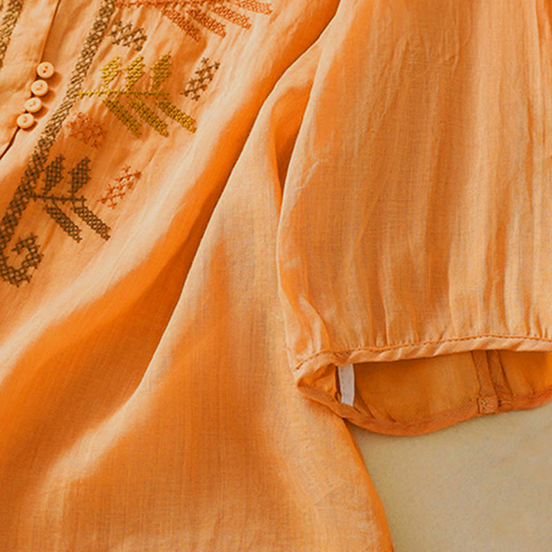 Camisa de manga tres cuartos para mujer con estampado de hojas y bordado artístico informal de Buddha Stones. - image 7