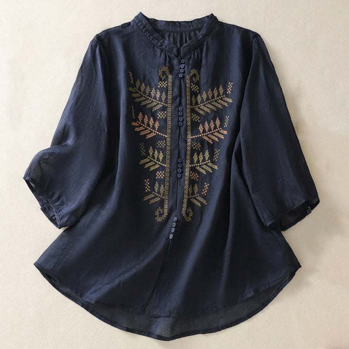 Camisa de manga tres cuartos para mujer con estampado de hojas y bordado artístico informal de Buddha Stones. - Azul medianoche - US8-10，UK/AU12-14，EU40-42 (2XL) - image 8
