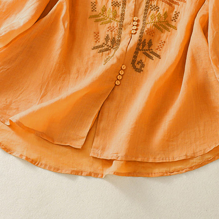 Camisa de manga tres cuartos para mujer con estampado de hojas y bordado artístico informal de Buddha Stones. - image 5