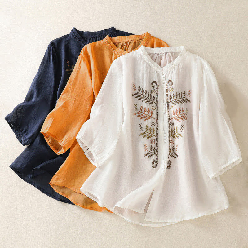 Camisa de manga tres cuartos para mujer con estampado de hojas y bordado artístico informal de Buddha Stones. - image 22