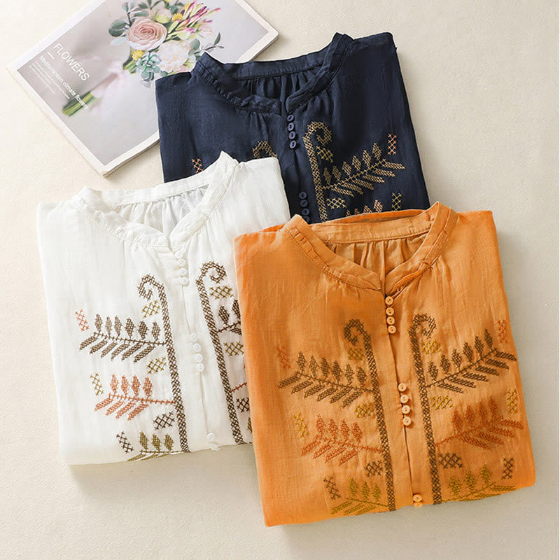 Camisa de manga tres cuartos para mujer con estampado de hojas y bordado artístico informal de Buddha Stones. - image 23