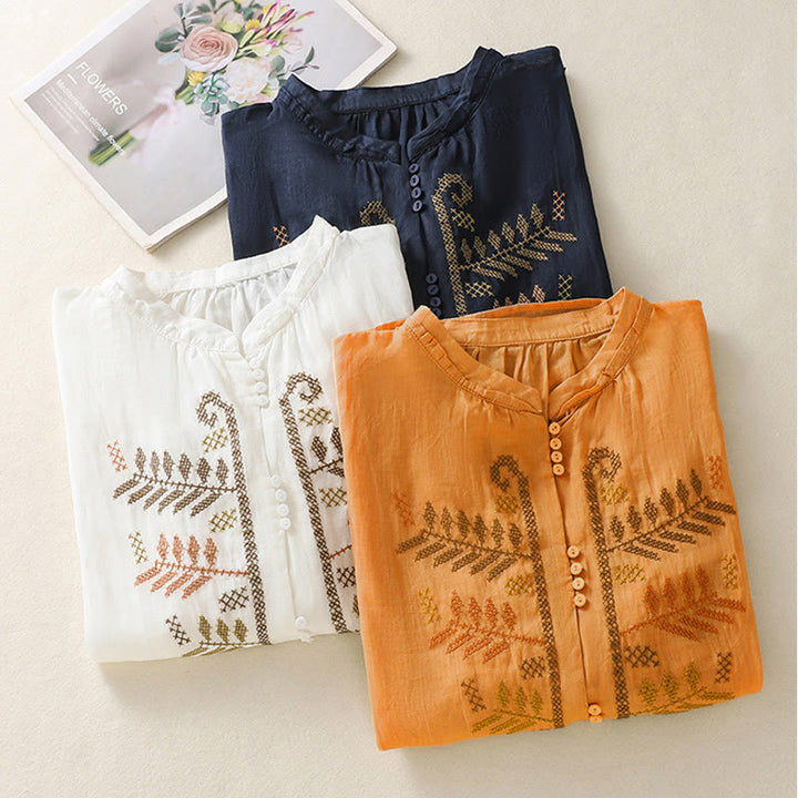 Camisa de manga tres cuartos para mujer con estampado de hojas y bordado artístico informal de Buddha Stones. - image 23