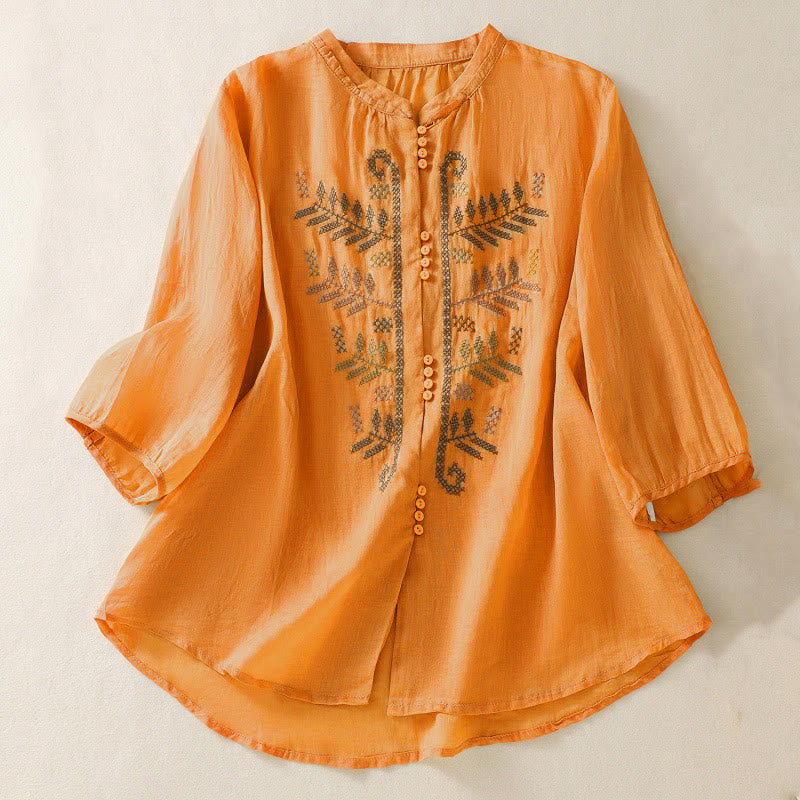 Camisa de manga tres cuartos para mujer con estampado de hojas y bordado artístico informal de Buddha Stones. - Naranja - US8-10，UK/AU12-14，EU40-42 (2XL) - image 0