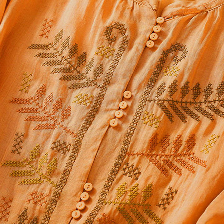 Camisa de manga tres cuartos para mujer con estampado de hojas y bordado artístico informal de Buddha Stones. - image 6