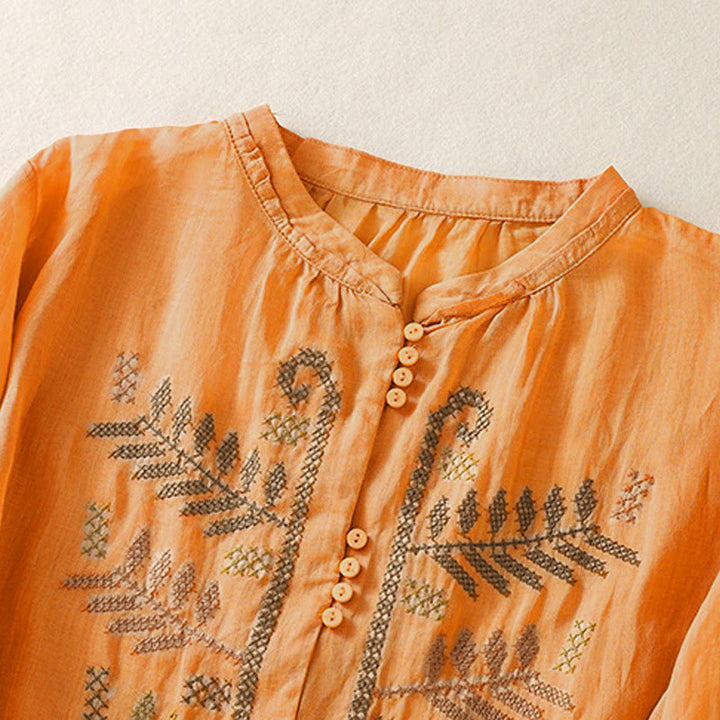Camisa de manga tres cuartos para mujer con estampado de hojas y bordado artístico informal de Buddha Stones. - image 2