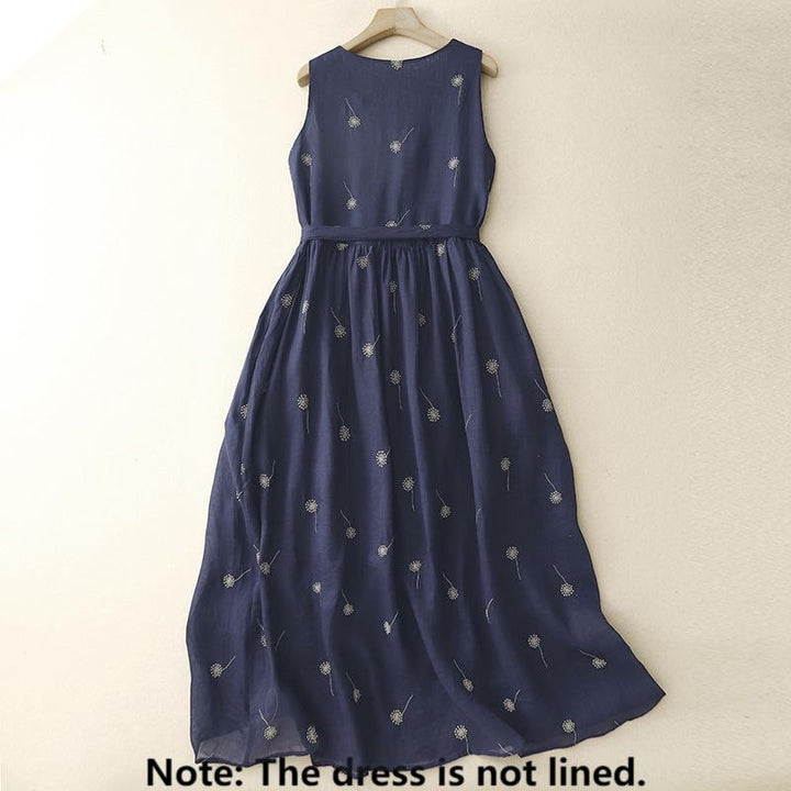 Vestido midi sin mangas de algodón con estampado de Buddha Stones en azul medianoche, diseño con cordones y bolsillos. - image 1