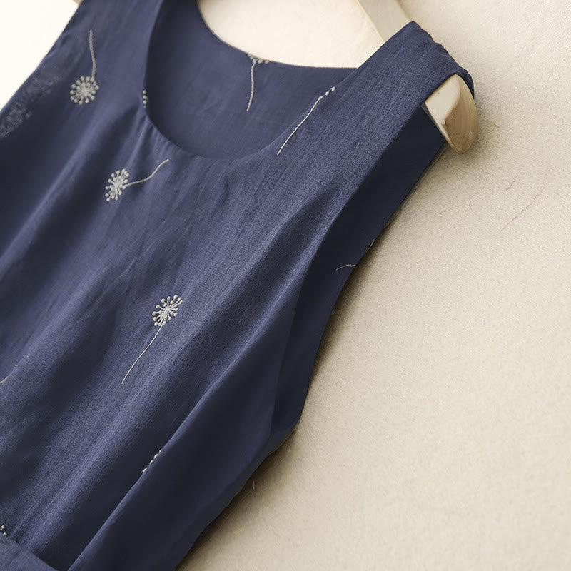 Vestido midi sin mangas de algodón con estampado de Buddha Stones en azul medianoche, diseño con cordones y bolsillos. - image 3
