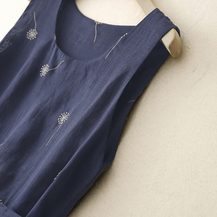 Vestido midi sin mangas de algodón con estampado de Buddha Stones en azul medianoche, diseño con cordones y bolsillos. - image 3