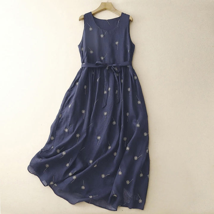 Vestido midi sin mangas de algodón con estampado de Buddha Stones en azul medianoche, diseño con cordones y bolsillos. - Azul medianoche - US8-10，UK/AU12-14，EU40-42 (2XL) - image 0
