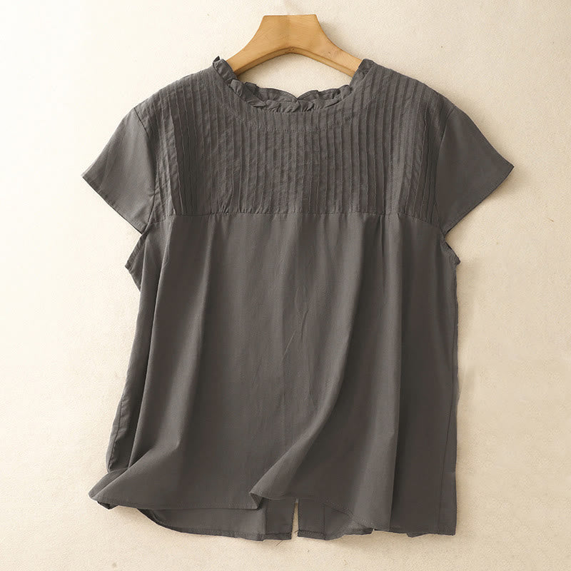 Camisa de manga corta para mujer con diseño plisado y volantes, color liso, estampado de Buddha Stones, ideal para el verano. - Gris pizarra oscuro - US6，UK/AU10，EU38 (2XL) - image 6