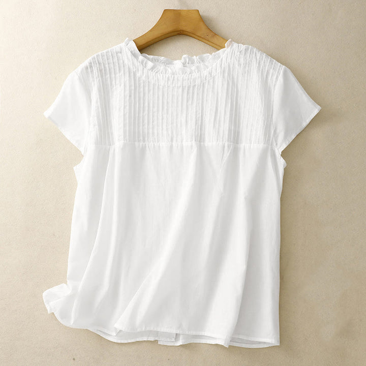 Camisa de manga corta para mujer con diseño plisado y volantes, color liso, estampado de Buddha Stones, ideal para el verano. - Blanco - US6，UK/AU10，EU38 (2XL) - image 10