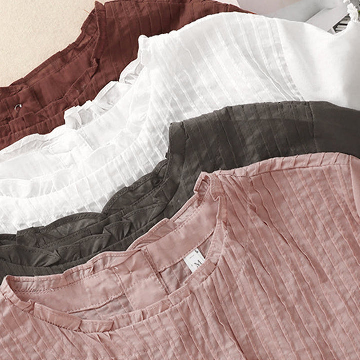 Camisa de manga corta para mujer con diseño plisado y volantes, color liso, estampado de Buddha Stones, ideal para el verano. - image 19