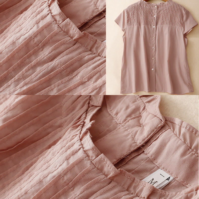 Camisa de manga corta para mujer con diseño plisado y volantes, color liso, estampado de Buddha Stones, ideal para el verano. - image 4