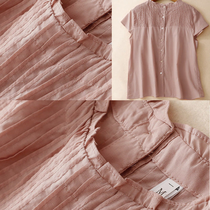 Camisa de manga corta para mujer con diseño plisado y volantes, color liso, estampado de Buddha Stones, ideal para el verano. - image 4