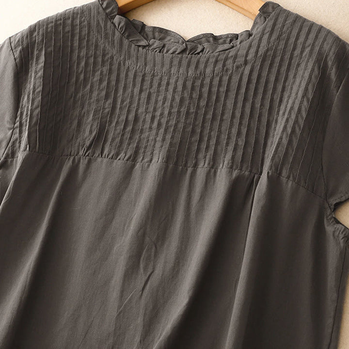 Camisa de manga corta para mujer con diseño plisado y volantes, color liso, estampado de Buddha Stones, ideal para el verano. - image 8